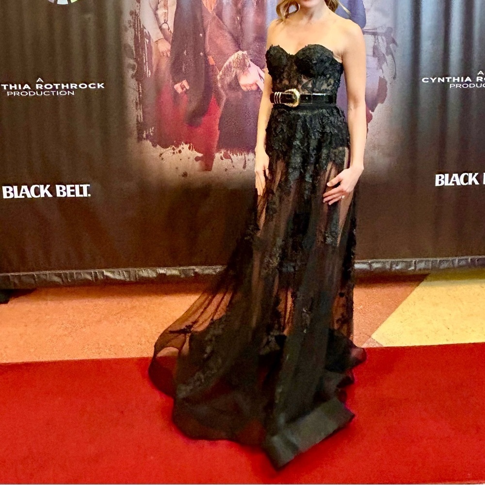 Jovani black A line evening gown with flower appliqué